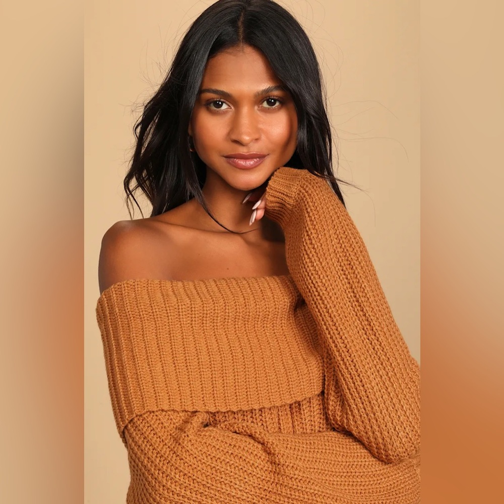 Lulus Carmichael Light Brown Off-the-Shoulder Knit Sweater Size Small - Picture 10 of 10